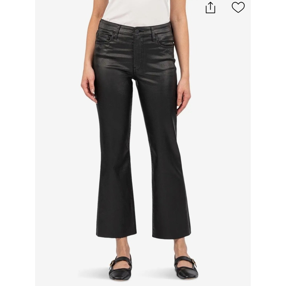 KUT From The Kloth Kelsey High Rise Ankle Flare Coated Black Jeans Size 2